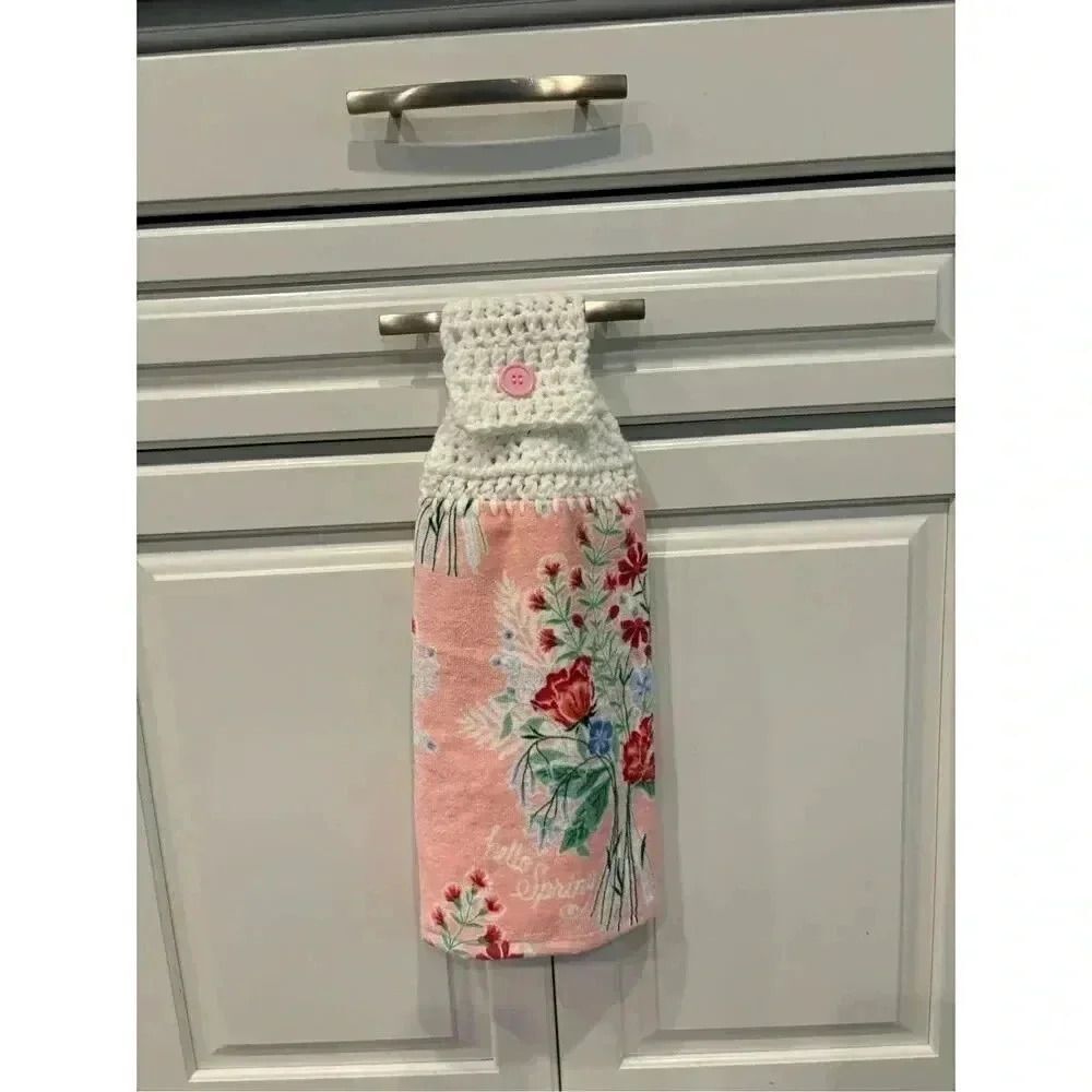 Crochet Top Kitchen Towel- Hello Spring pink towel red flowers